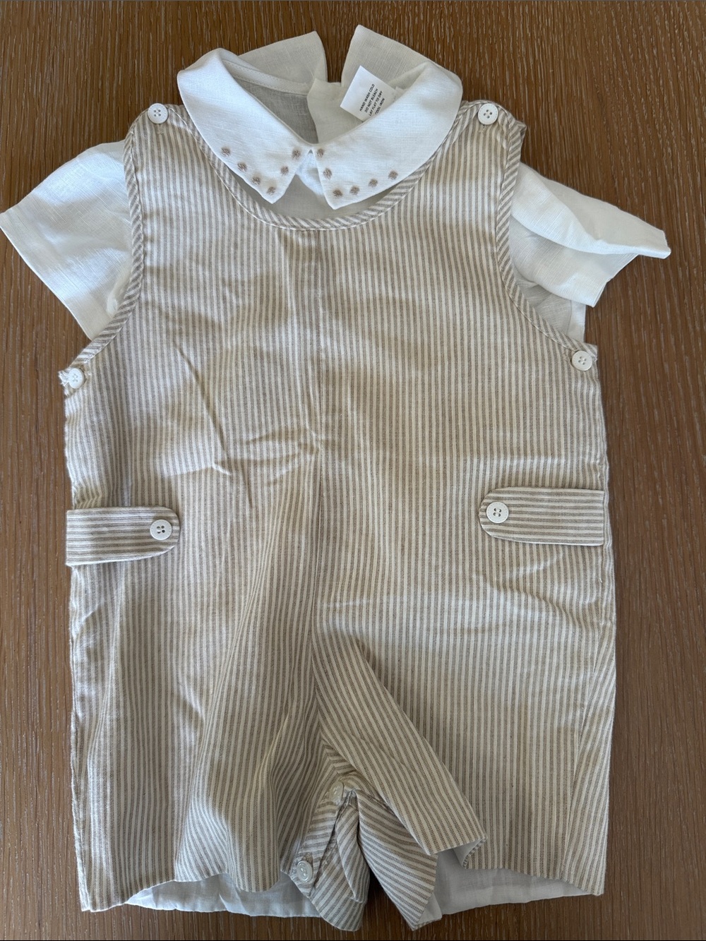 Luli & Me Beige and White Striped Baby Romper with Peter Pan Collar